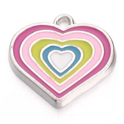 ECH10-2 - Multi-colour Enamel Heart Charm/Pendant - platinum